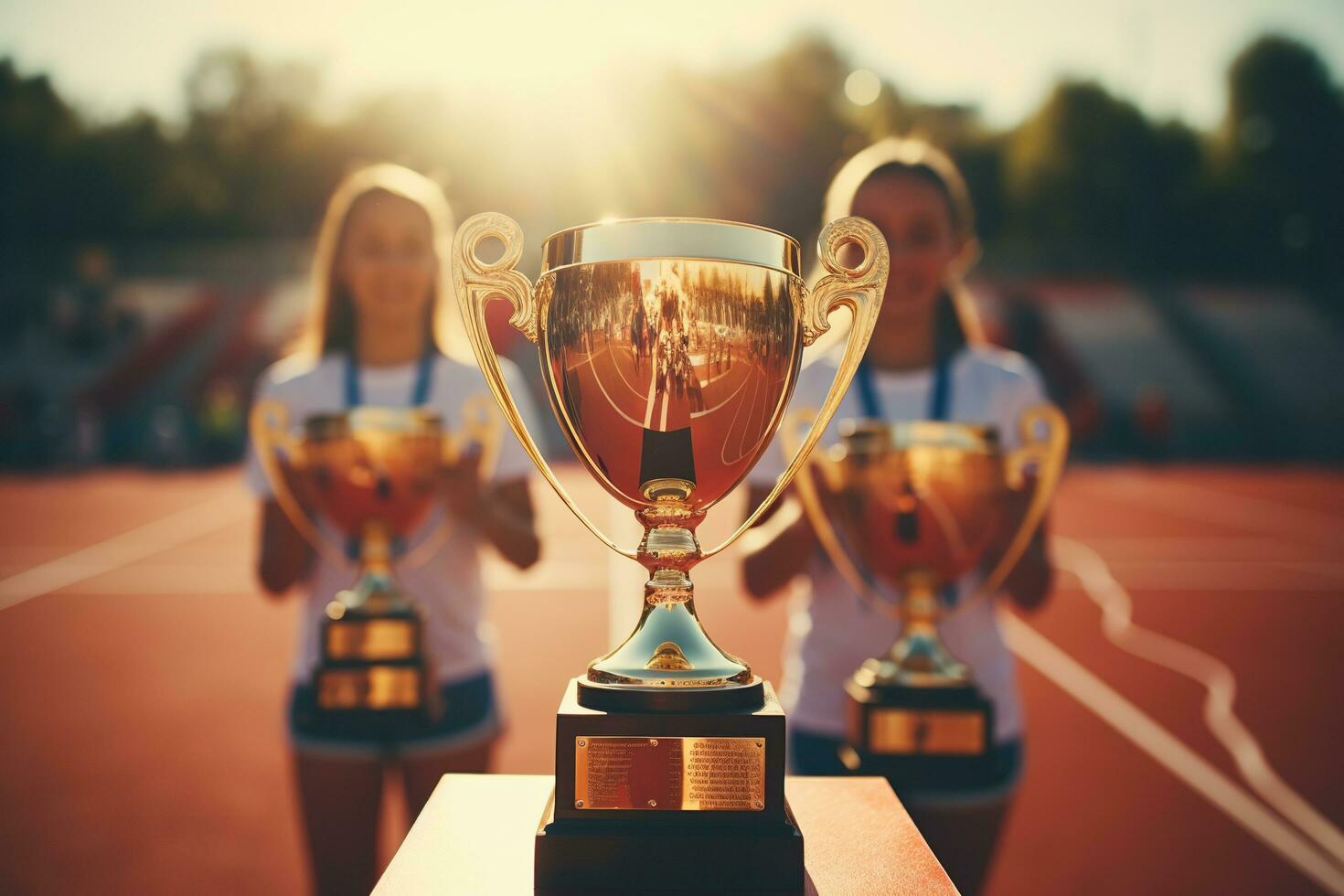 ai generato oro tazza per il vincitore di il concorrenza su il podio a il stadio. gli sport concetto. generato di artificiale intelligenza foto