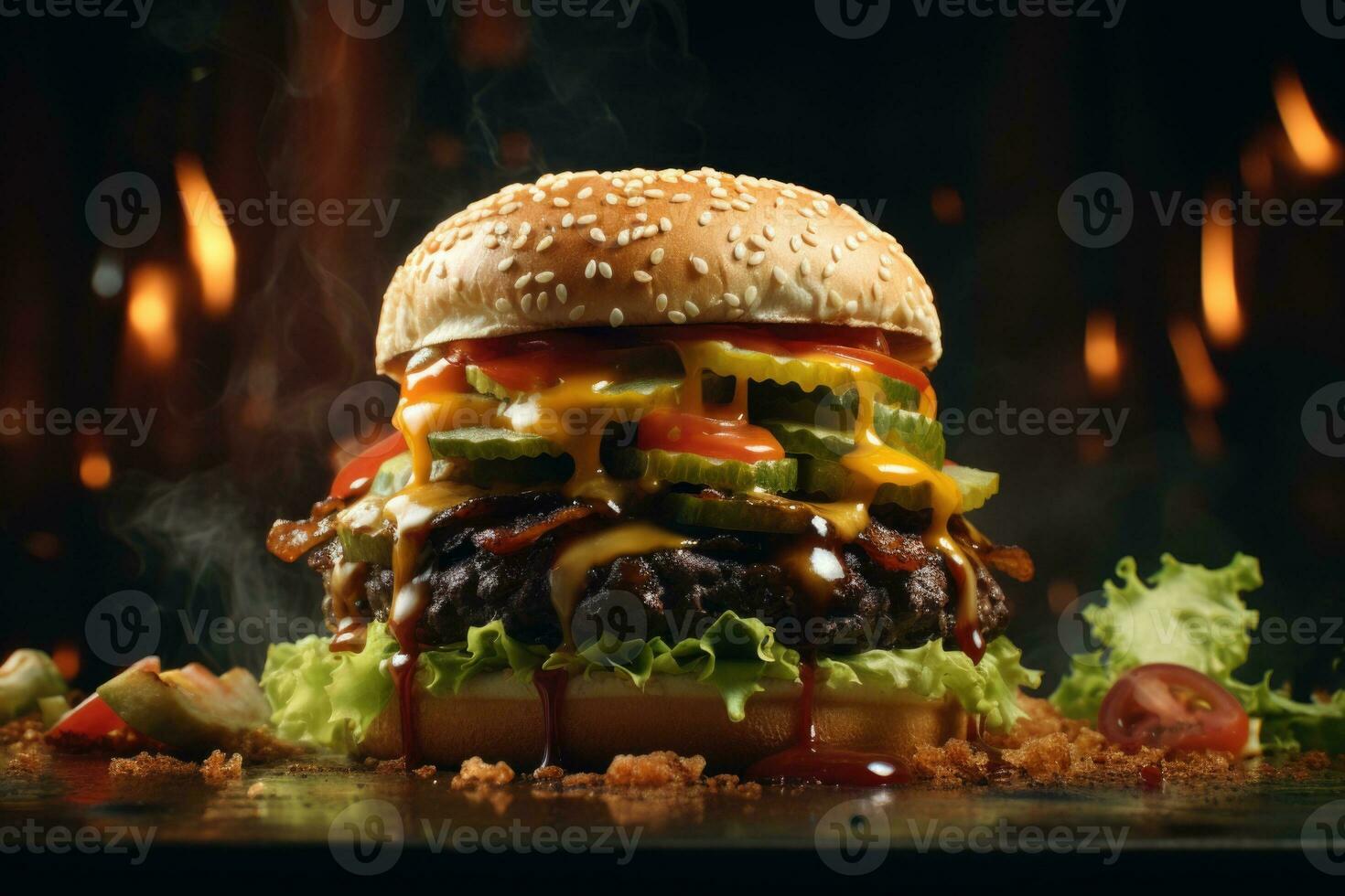 ai generato un' dinamico tiro di un' hamburger essere assemblato con strati di lattuga, pomodoro, formaggio, e un' succoso tortino. generativo ai foto