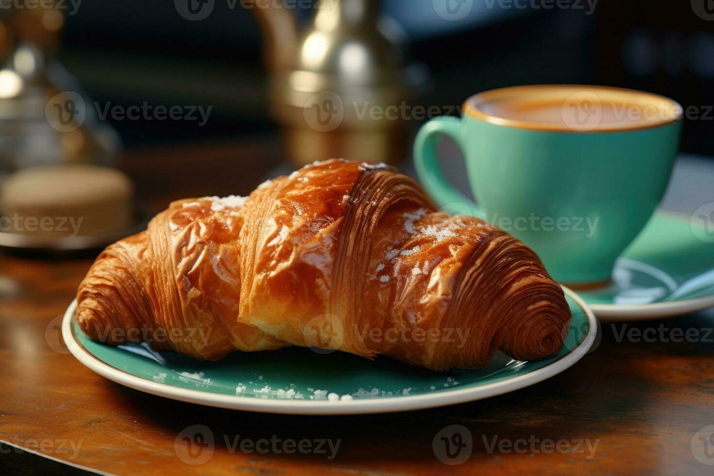 ai generato un' avvicinamento di un' fragili brioche accoppiato con un' tazza di cottura a vapore cappuccino. generativo ai foto