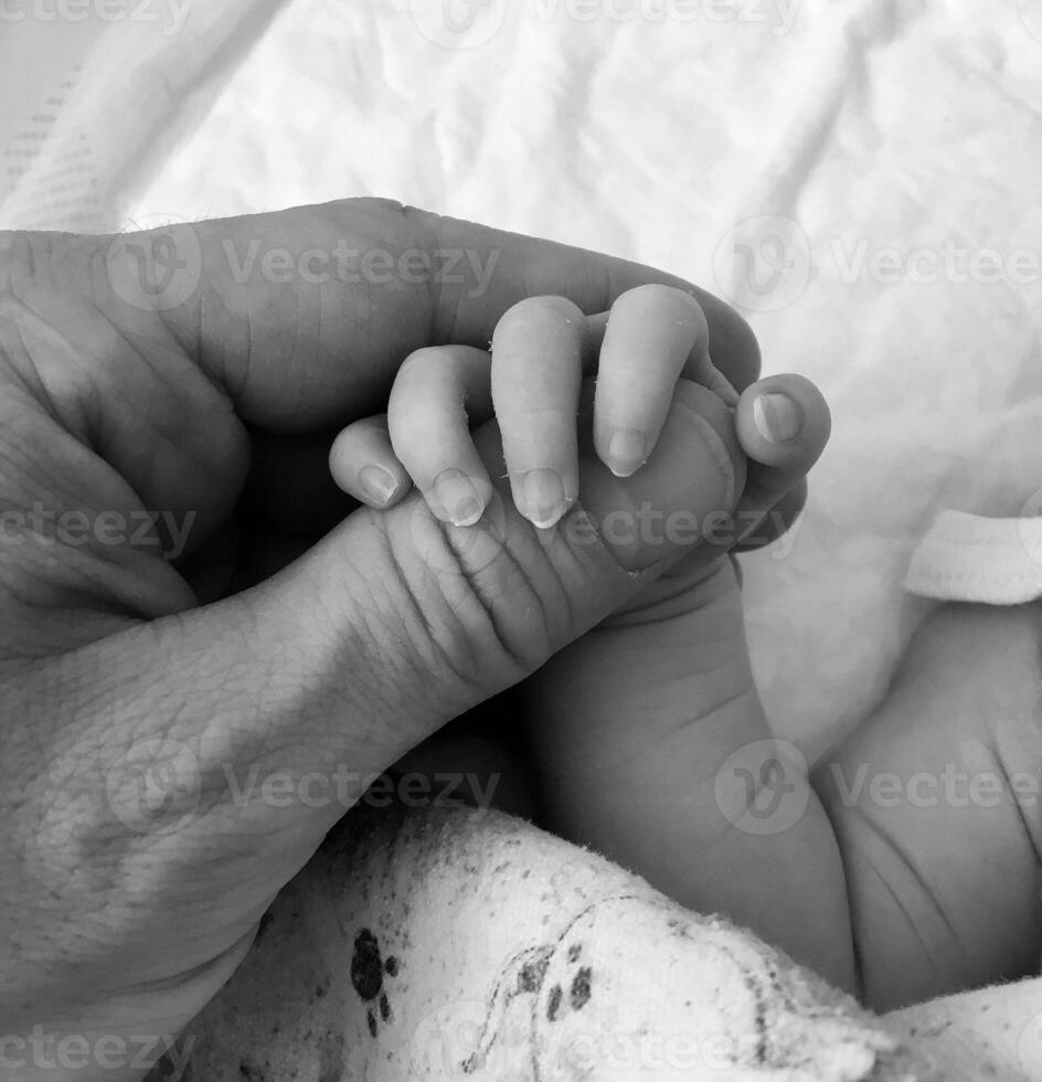 fotografia su tema padre Tenere il suo neonato bambino strettamente di mano nel maternità ospedale foto