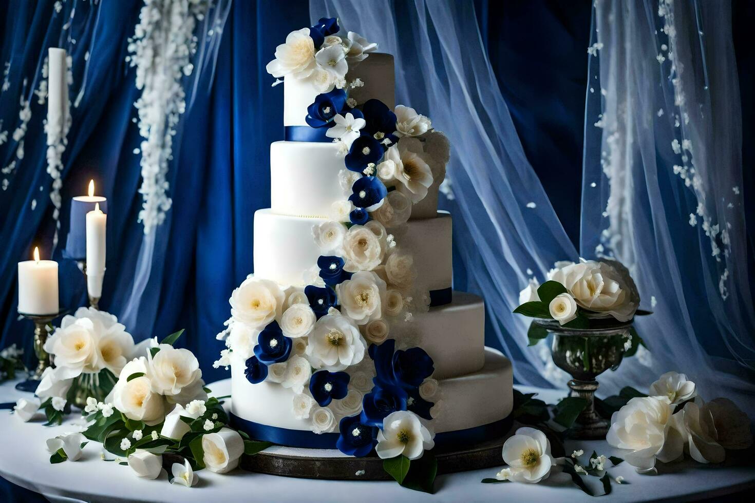 ai generato un' nozze torta con blu e bianca fiori foto