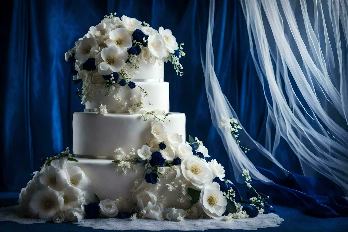 ai generato un' bianca nozze torta con blu fiori foto