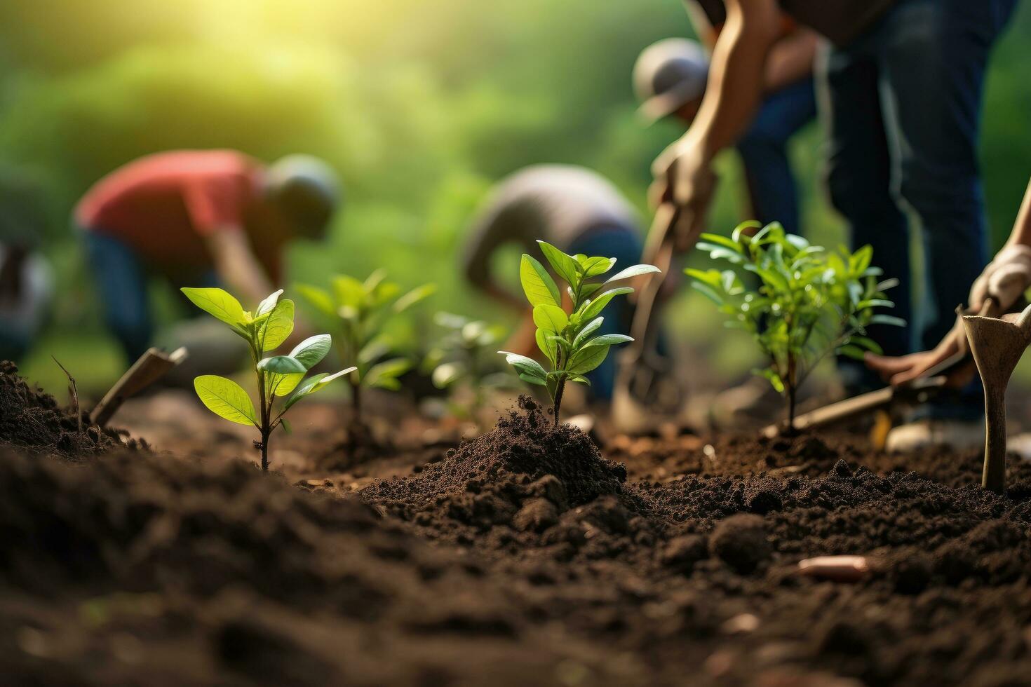 ai generato contadino piantare piantine nel fertile suolo per ridurre globale riscaldamento, un' gruppo di persone impianti piantine nel il terra nel un' avvicinamento sparo, ai generato foto