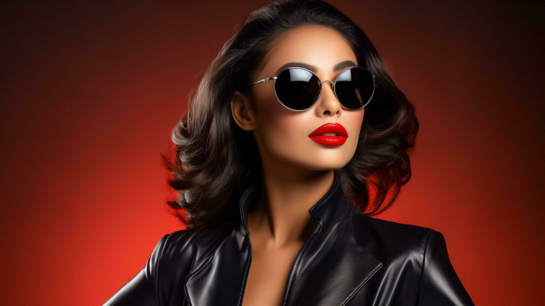 ai generato foto ritratto di freddo donna con occhiali da sole e nero giacca su rosso sfondo ai generato