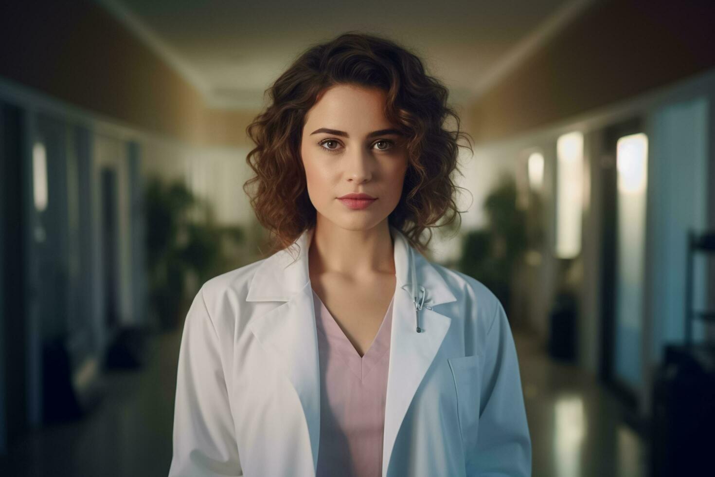 ai generato medico concetto bellissimo femmina medico nel bianca cappotto, stetoscopio, ospedale sfondo.ai generato foto