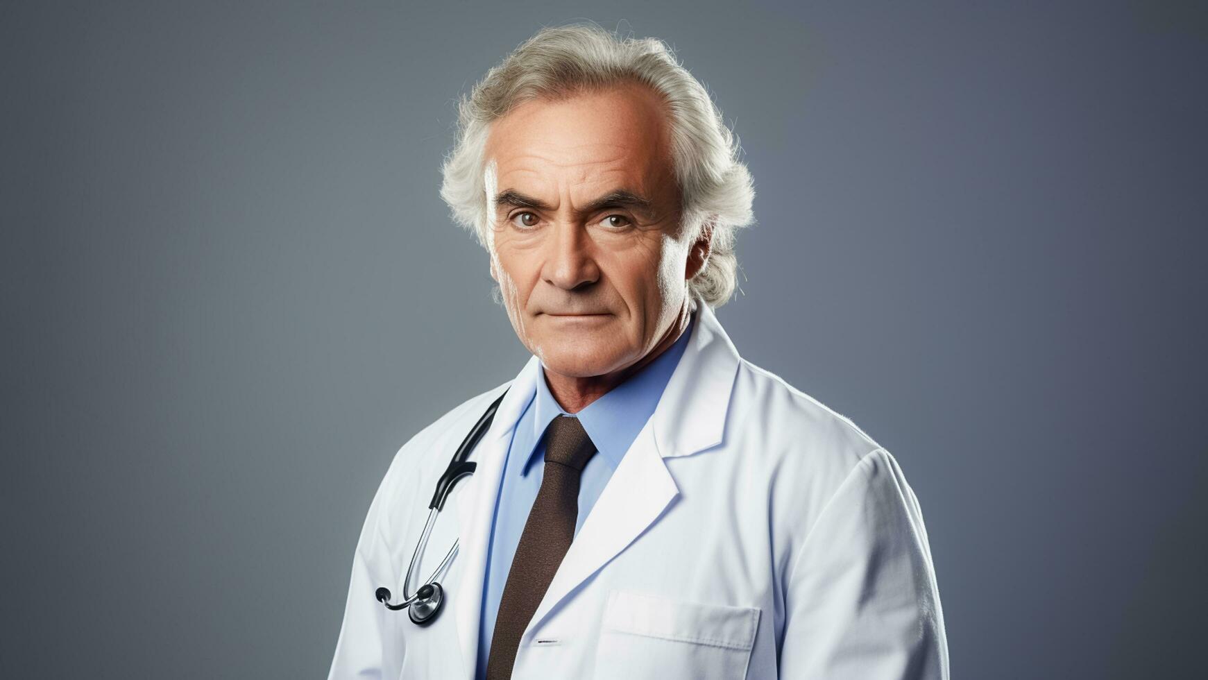 ai generato assistenza sanitaria, concetto. ritratto di anziano maschio medico sorridente, in posa su grigio sfondo.ai generato foto