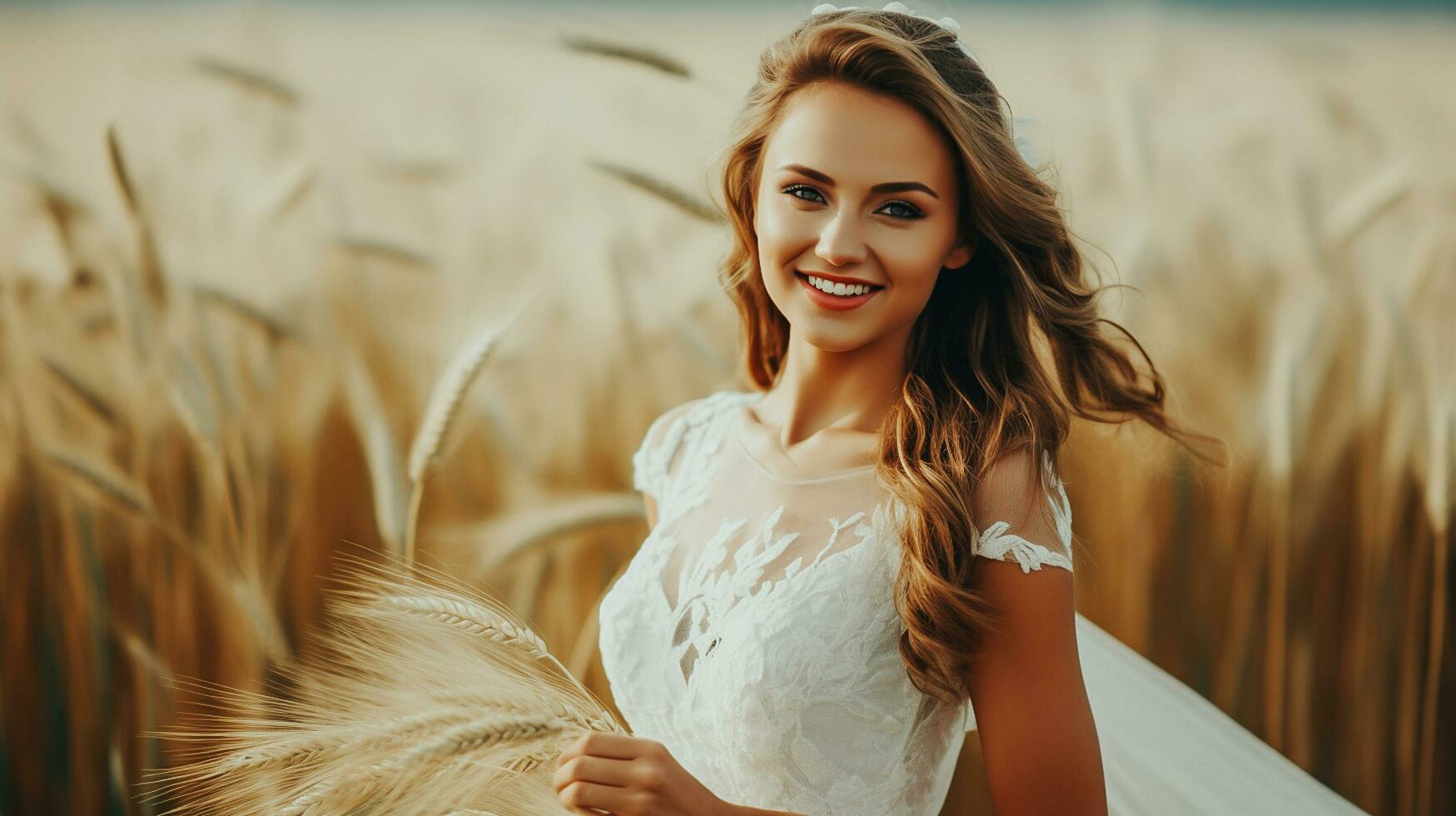 ai generato bellissimo donna con bionda capelli contento e sorridente nel un' bianca vestito su un' Grano campo ai generato foto