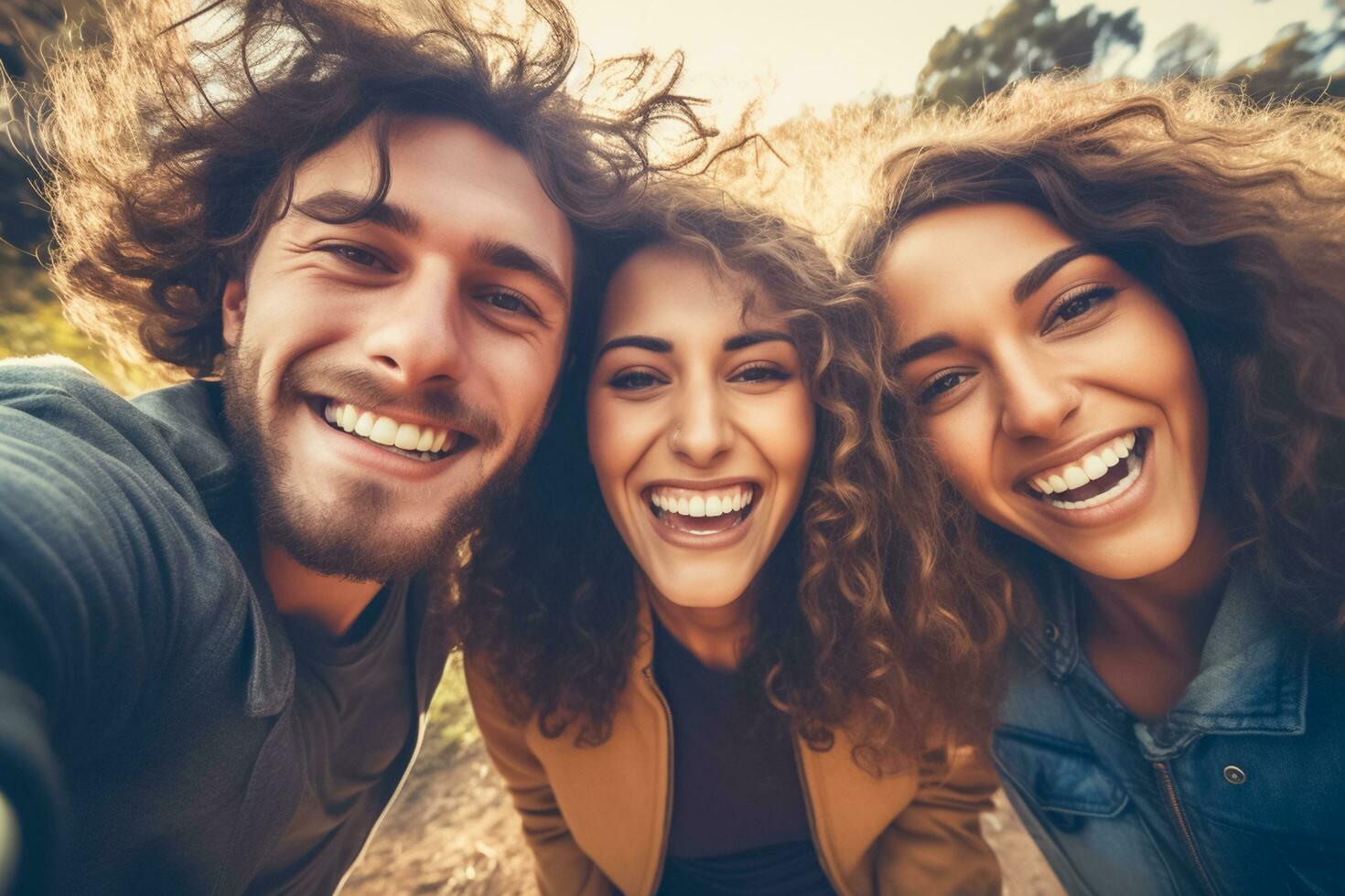 ai generato gruppo di contento multirazziale giovane amici sorridente e contento in posa per foto. ai generato foto