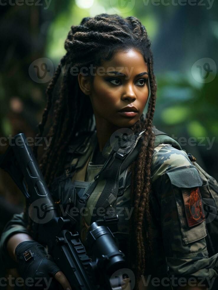ai generato di carnagione scura giovane ragazza nel pieno lunghezza militare uniforme con arma nel mano nel il giungla. motorizzato di artificiale intelligenza. foto