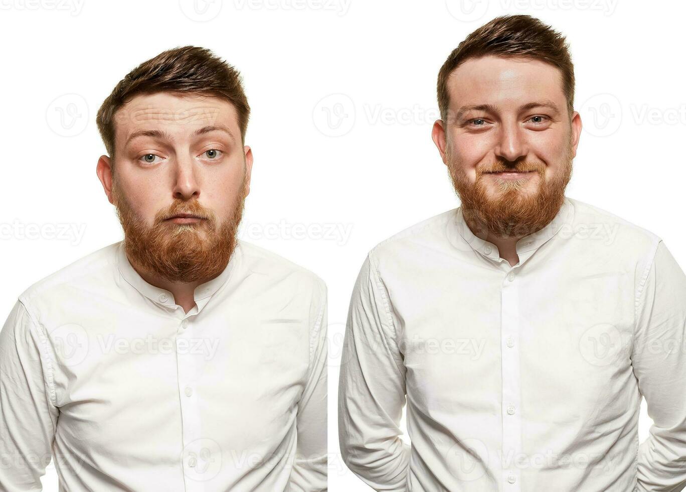 studio ritratto di giovane bello sorridente uomo con barba foto