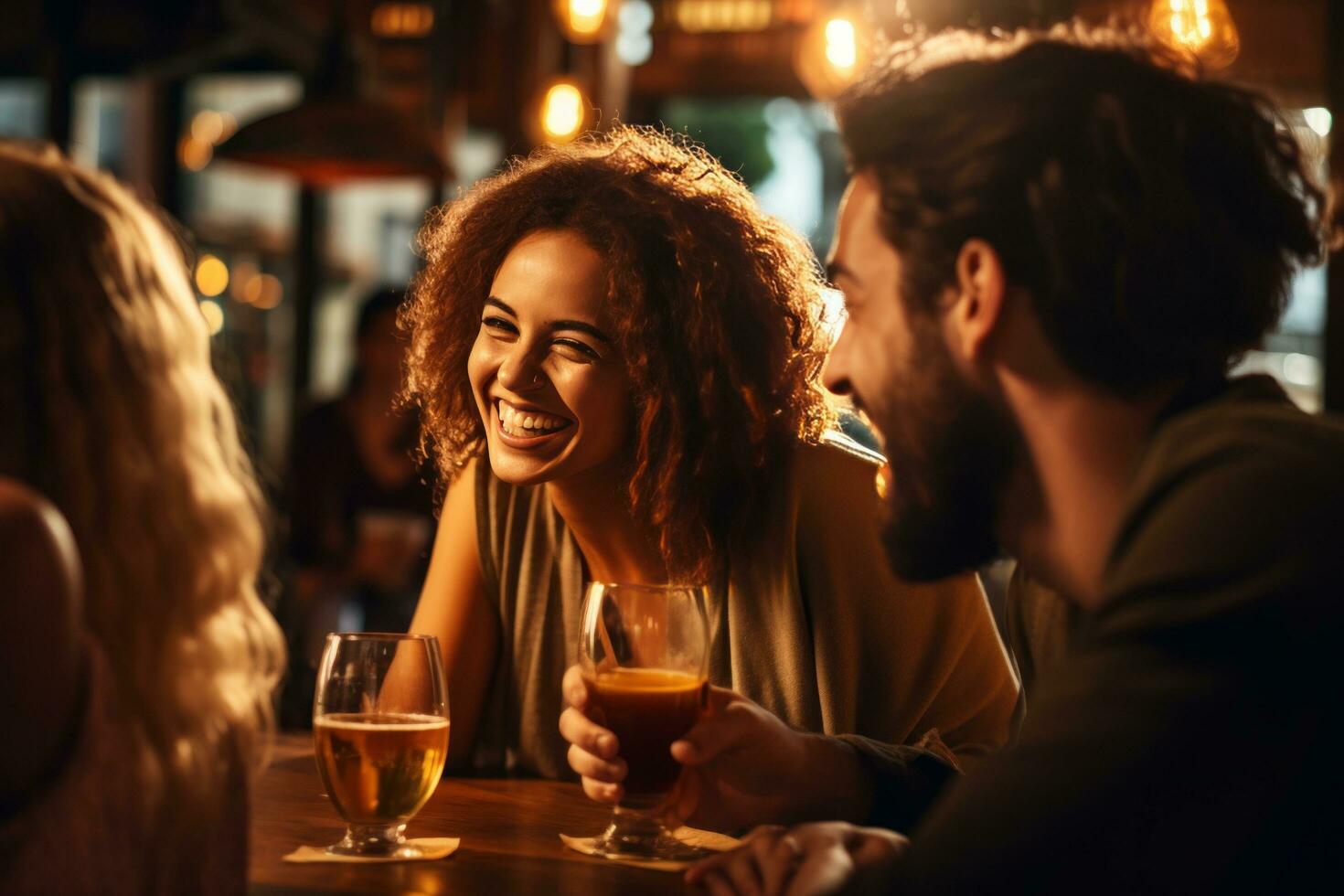 ai generato persone ridendo mentre potabile birra nel un' bar foto