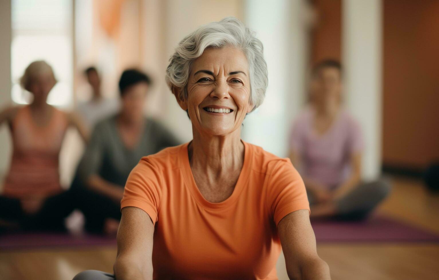 ai generato più vecchio persone praticante yoga nel il Palestra foto