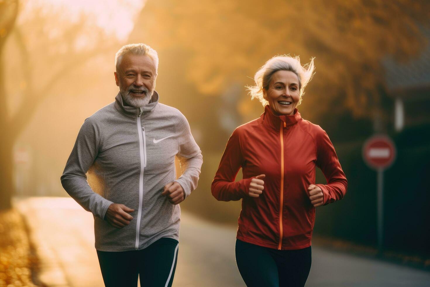 ai generato maturo coppia jogging nel il città a Alba. salutare stile di vita, un' fiducioso donna d'affari consegna un' aziendale presentazione a un' seminario o conferenza, ai generato foto