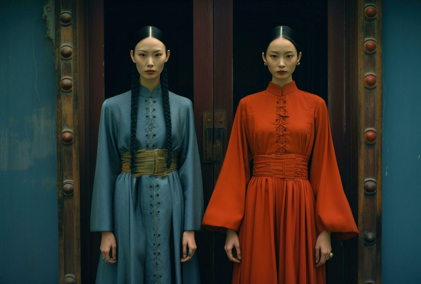 ai generato Due asiatico donne vestito nel vestiti siamo in piedi al di fuori un' blu porta foto