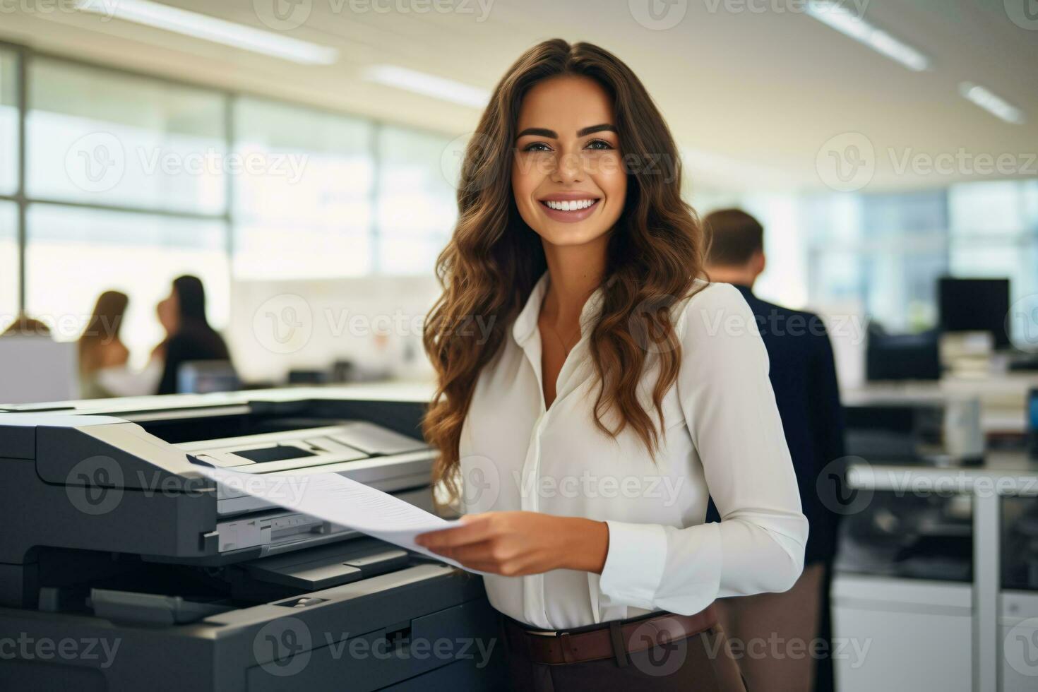 ai generato ufficio lavoratore stampe carta su multifunzione laser stampante. documento e lavoro d'ufficio concetto. segretario opera. sorridente donna Lavorando nel attività commerciale ufficio. copia, Stampa, scansione, e fax macchina. foto