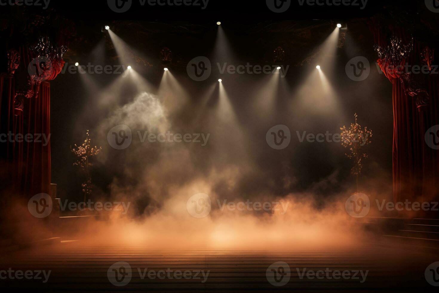 ai generato Teatro palcoscenico leggero sfondo con riflettore illuminato il palcoscenico per musica lirica prestazione. vuoto palcoscenico con caldo ambiance colori, nebbia, Fumo, fondale decorazione. divertimento mostrare. foto