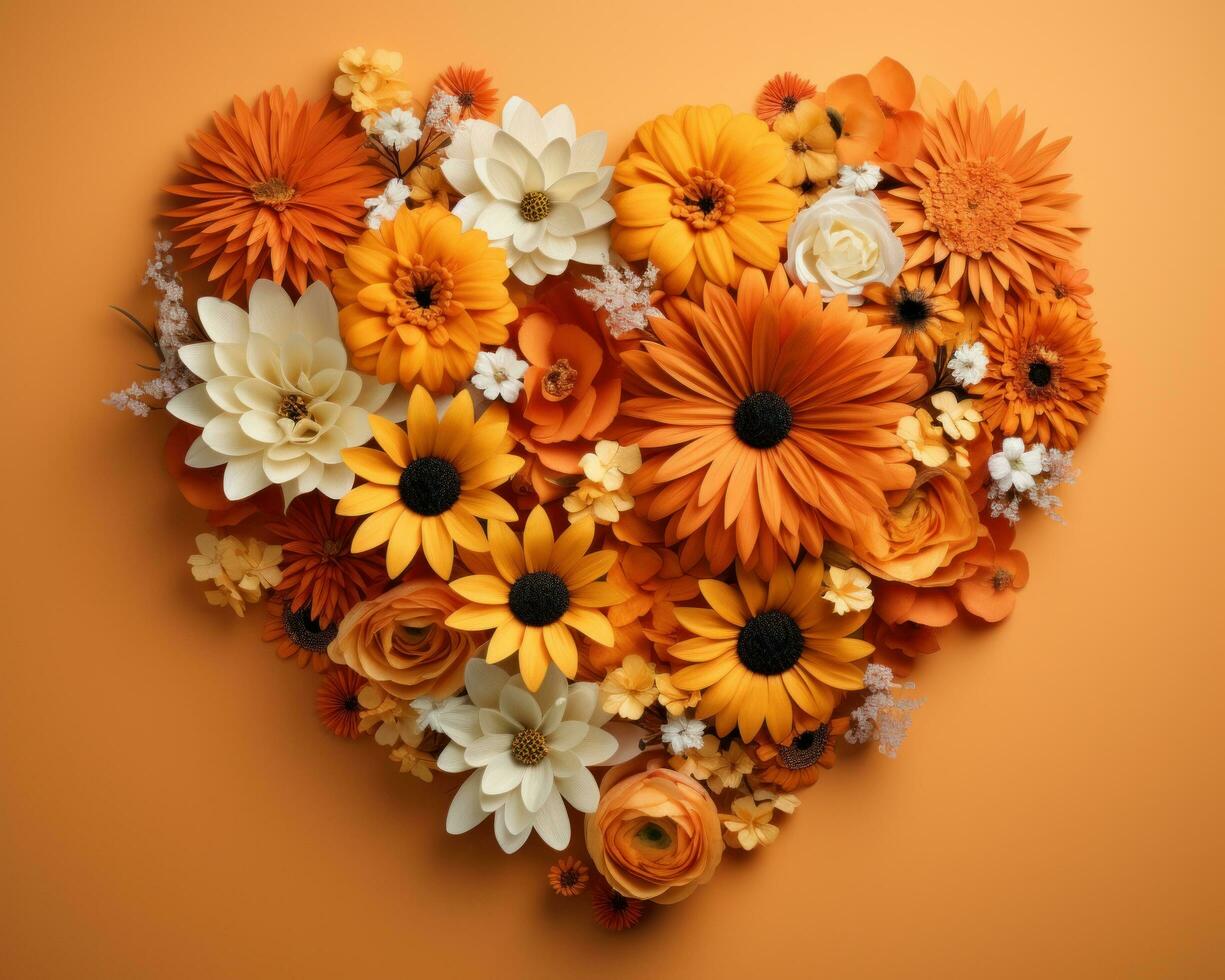 ai generato un arancia sfondo ha fiori disposte nel un' cuore forma su esso foto
