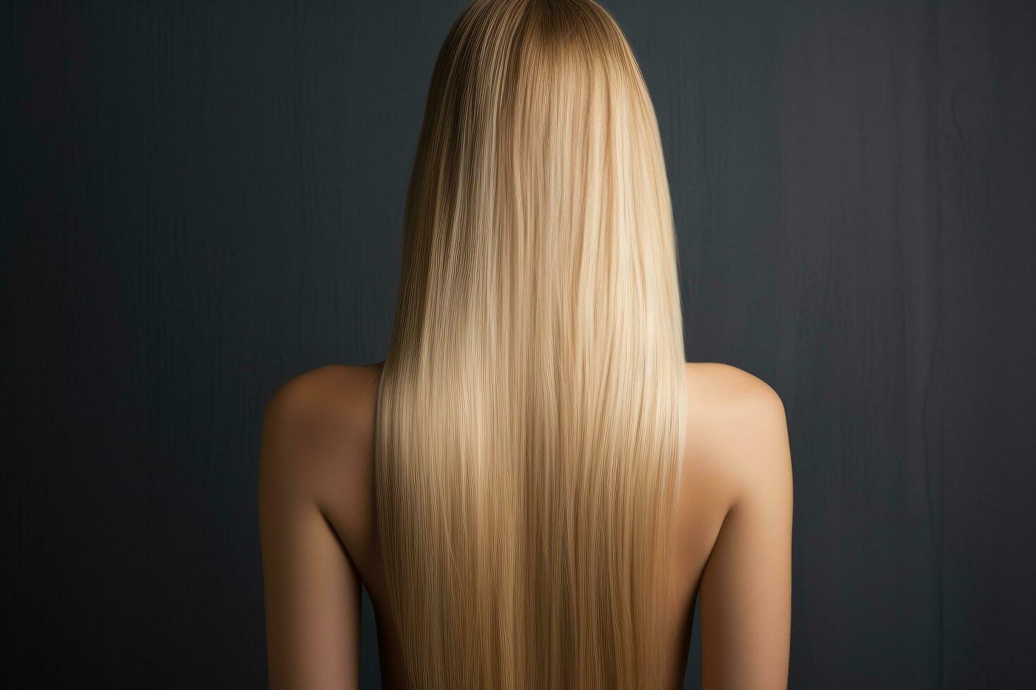 ai generato bionda donna con lungo capelli su nero sfondo. indietro Visualizza, bellissimo donna con lungo dritto capelli, visto a partire dal il parte posteriore, biondo ragazza, ai generato foto