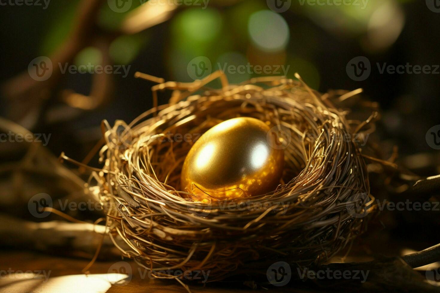 ai generato nature meraviglia d'oro uovo si illumina meravigliosamente entro il uccello nido foto