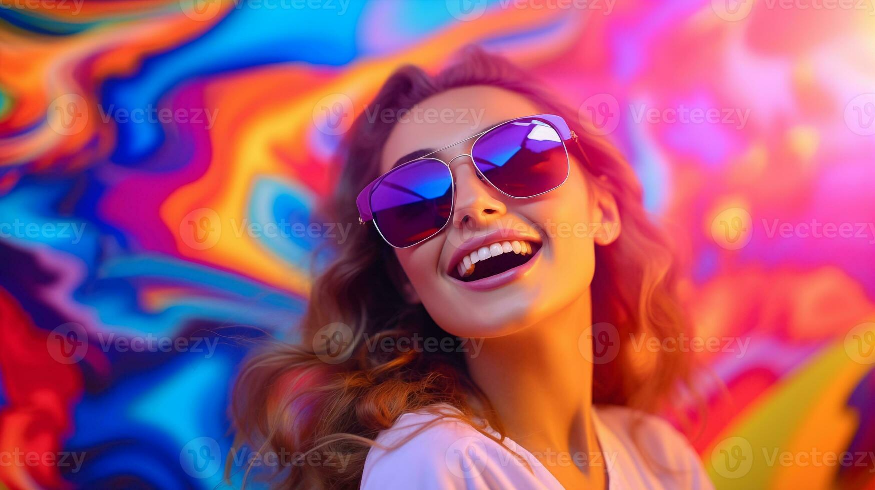 ai generato un' donna indossare occhiali da sole e sorridente nel davanti di un' colorato sfondo foto