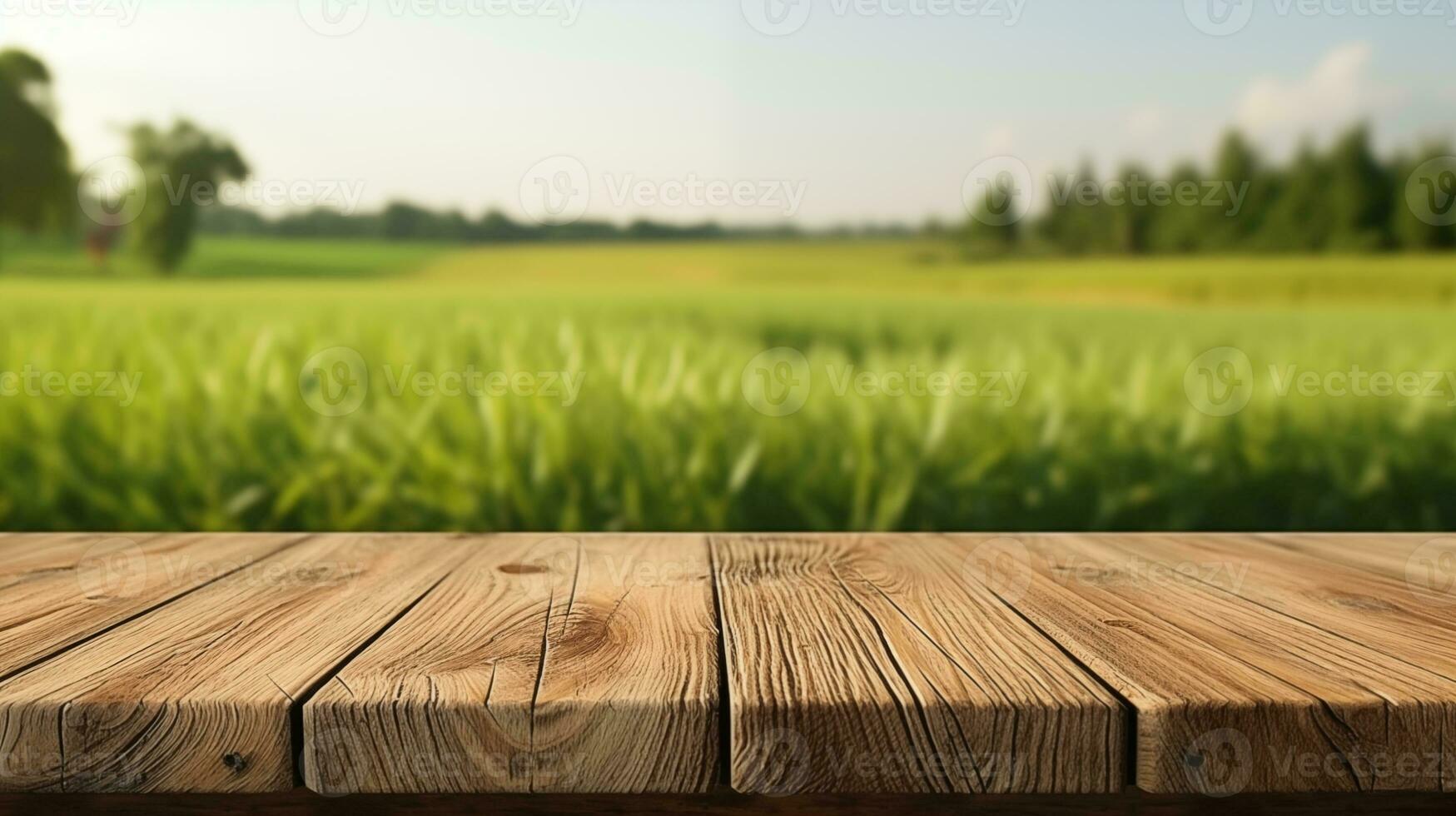 ai generato vuoto di legno tavolo superiore al di sopra di verde campo con sfocato sfondo foto