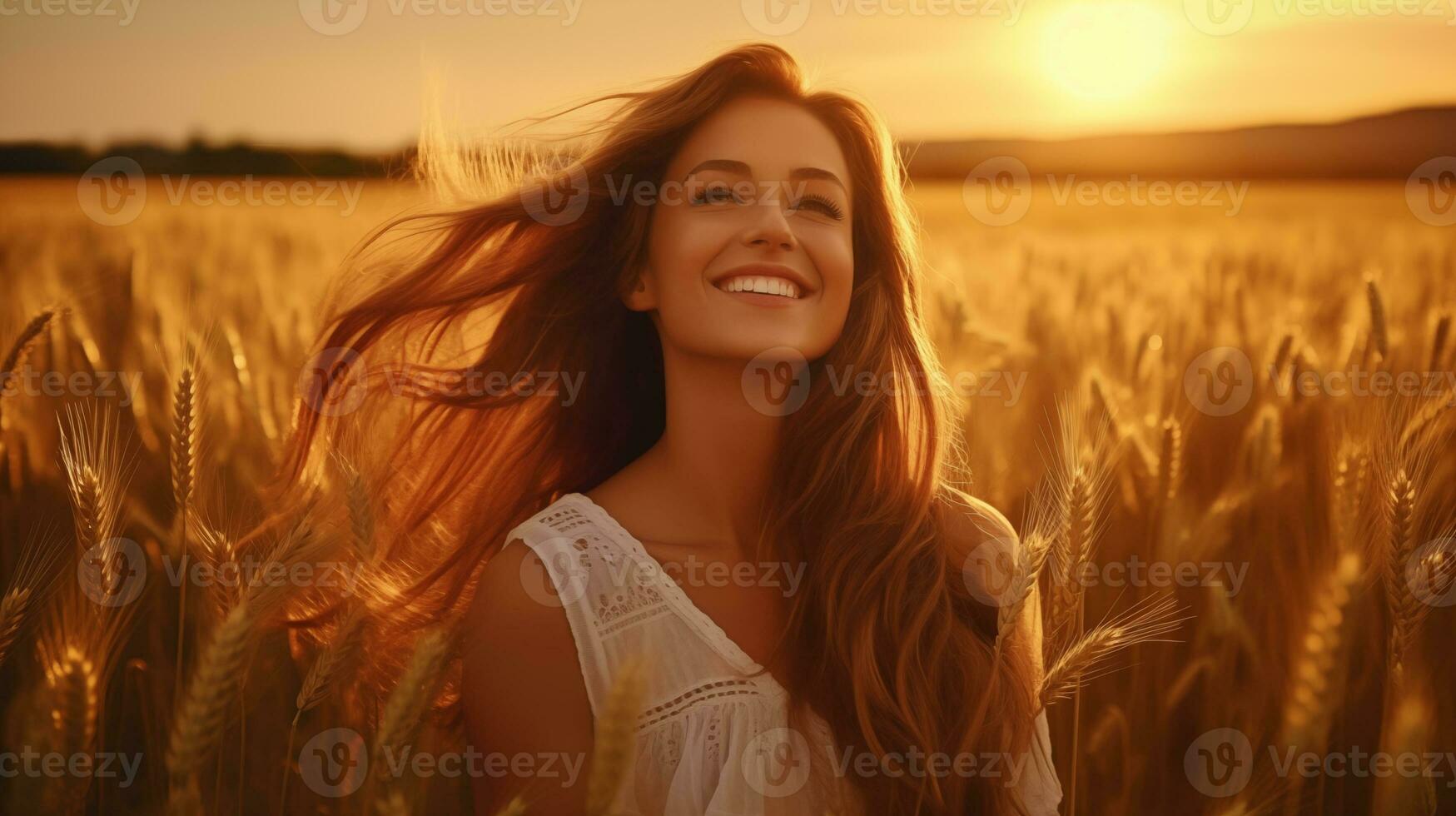 ai generato un' bellissimo donna nel un' Grano campo a tramonto foto