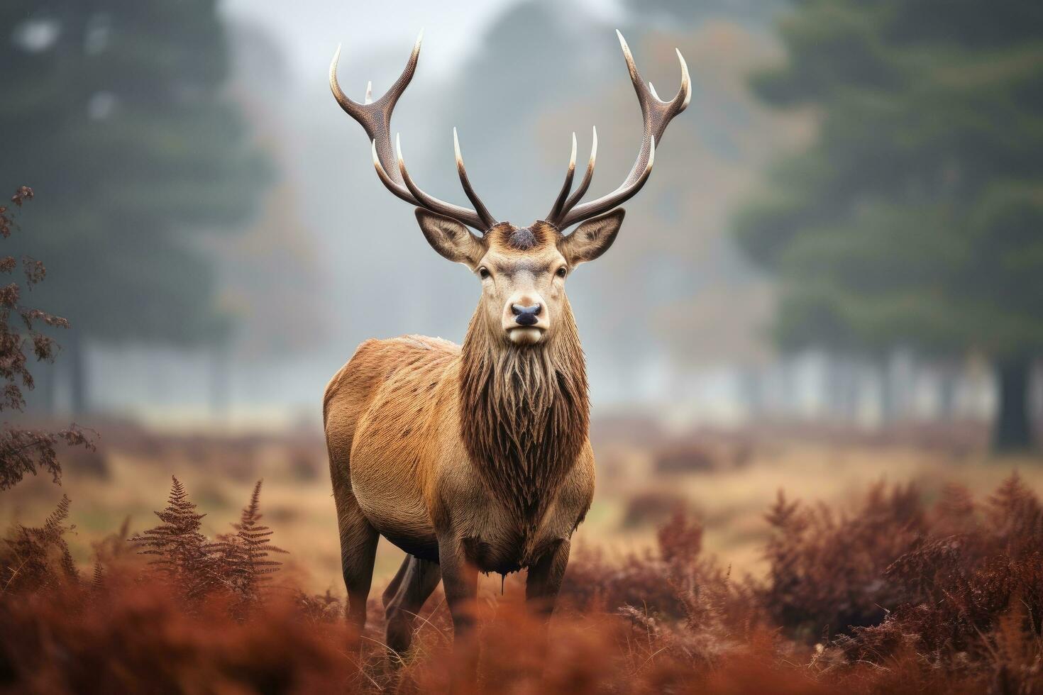 ai generato rosso cervo cervo nel autunno foresta durante rutting stagione, UK, un' maestoso rosso cervo cervus elafo cervo è visto nel il mattina nebbia nel il UK, ai generato foto