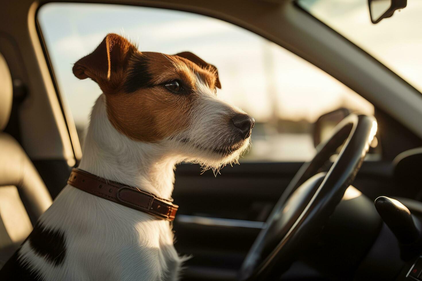 ai generato Jack russell terrier cane seduta nel il auto a tramonto, un' Jack russell terrier cane è catturato nel un' auto su il strada, ai generato foto