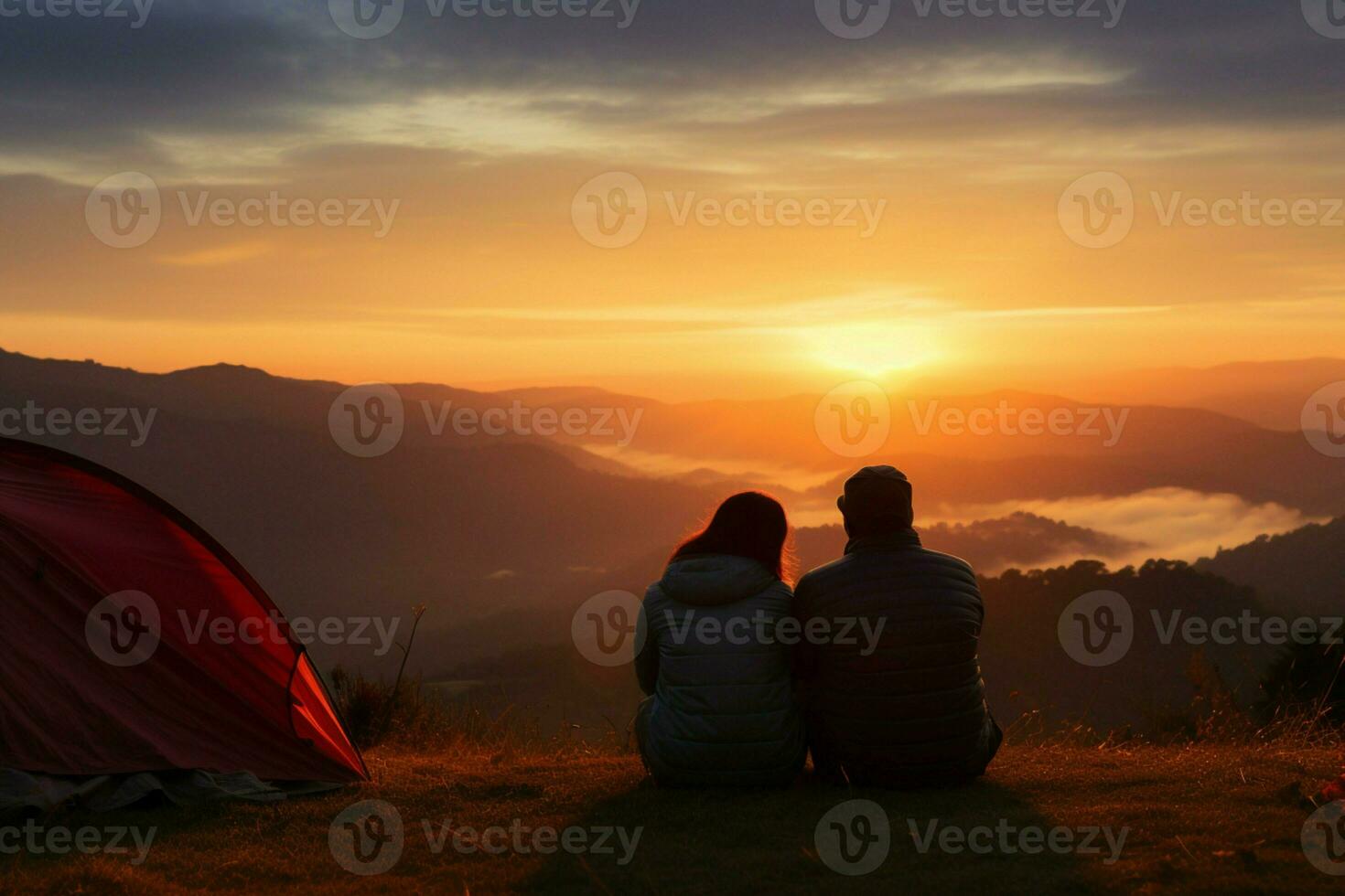 ai generato tenda lato bonding coppia sguardi a panoramico tramonto su montagnoso scappa foto