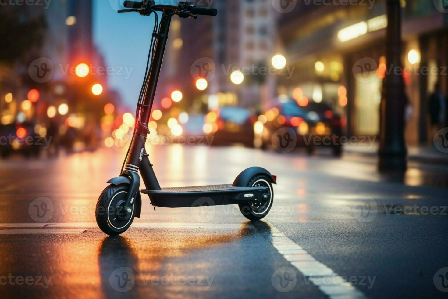 ai generato veloce città cavalcata persona senza sforzo manovre un elettrico scooter centro foto