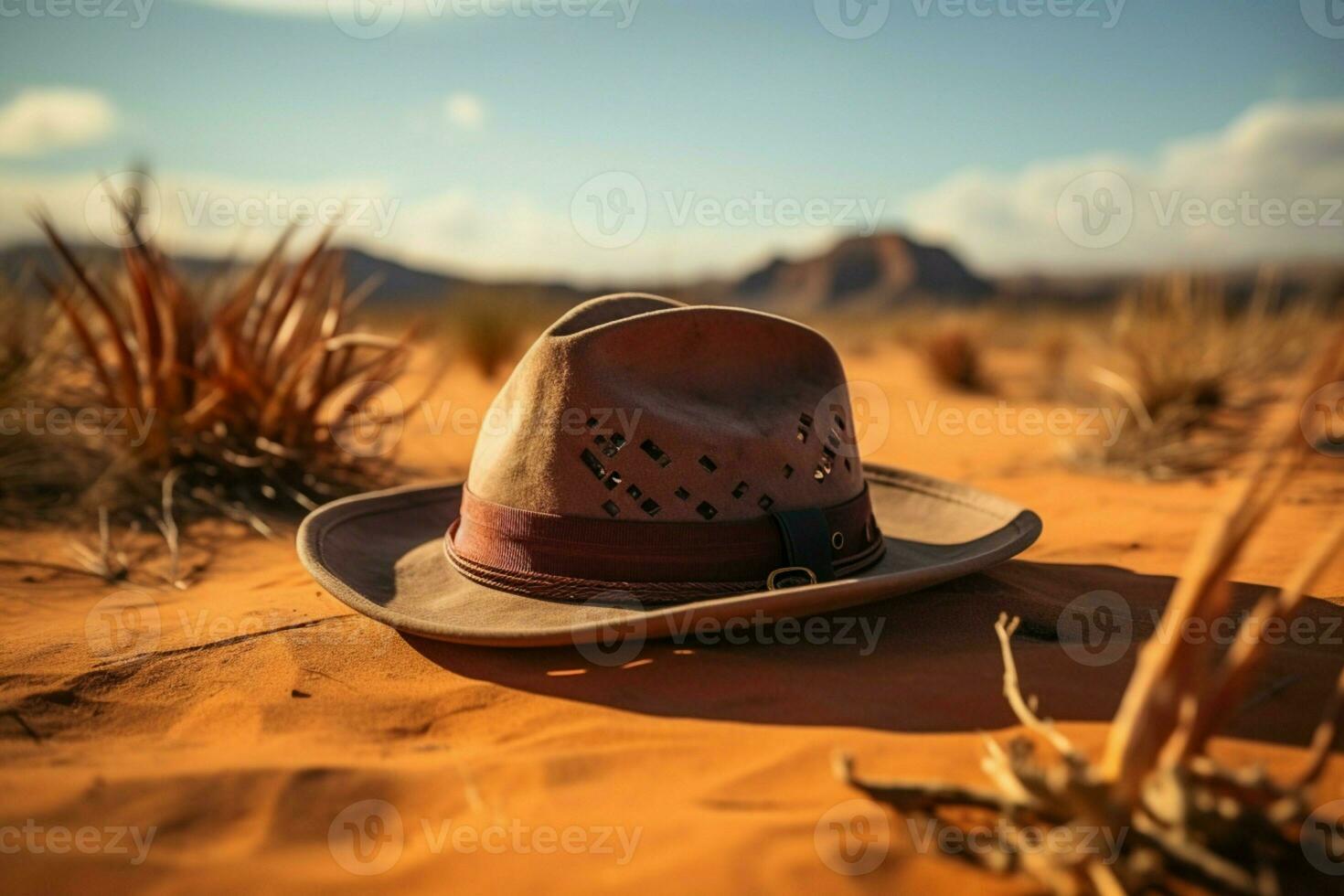 ai generato cappello a riposo su sabbioso deserto terreno, un oasi di stile foto