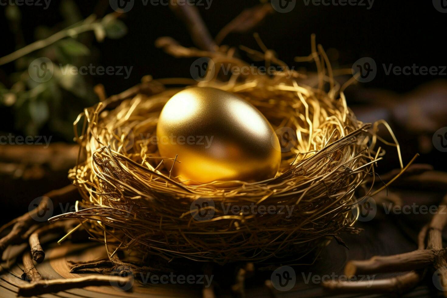 ai generato elegante fascino d'oro uovo luccica meravigliosamente entro il uccello nido foto