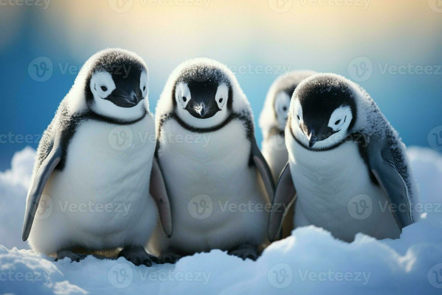 ai generato pinguini nel neve, nero e bianca piume vetrina unità e calore foto