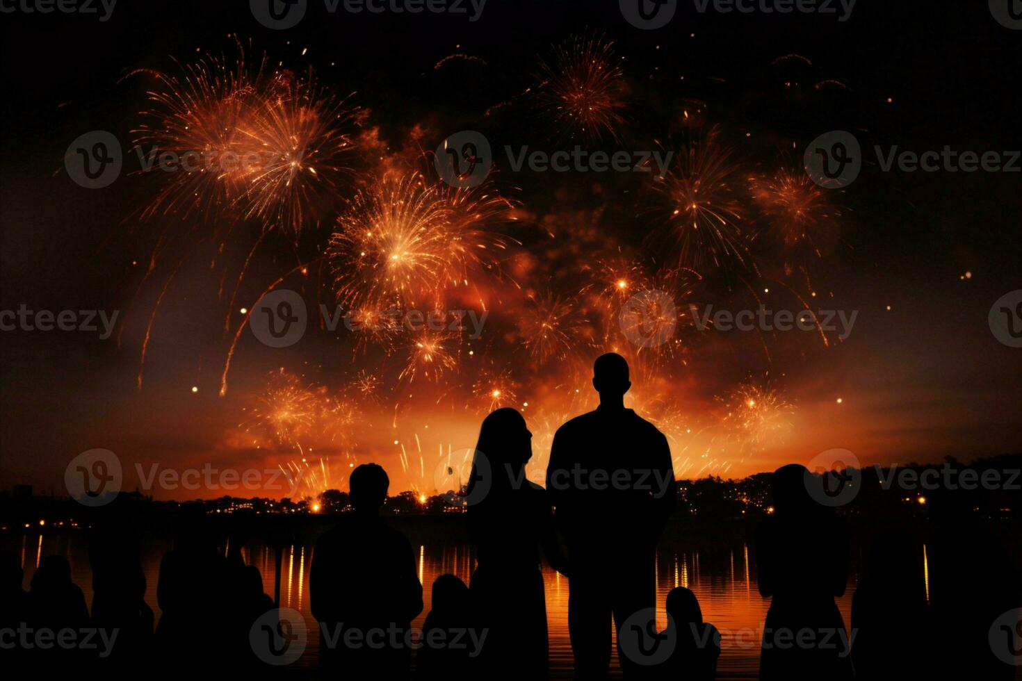 ai generato notte incanto sagome affascinato di il Magia di scoppiando fuochi d'artificio foto