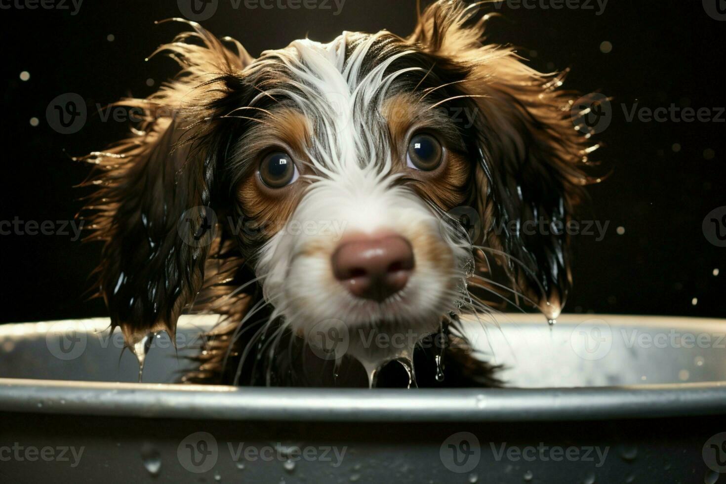 ai generato cucciolo terme giorno adorabile bagnato dai capelli animale domestico gode un' rinfrescante bagno foto