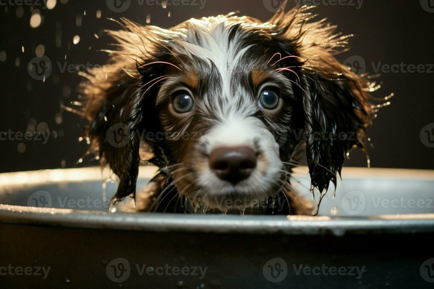 ai generato adorabile cucciolo gode un' rinfrescante bagno, con bagnato pelliccia e carineria foto