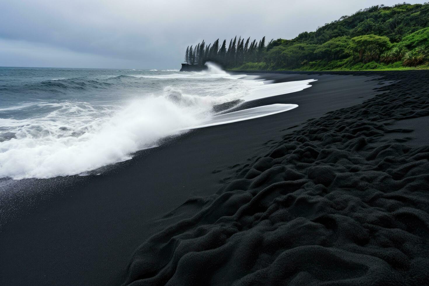ai generato fantasia paesaggio con nero sabbia spiaggia a reynisfjara, Islanda, sagome di turisti godendo il nero sabbia spiaggia e oceano onde, ai generato foto
