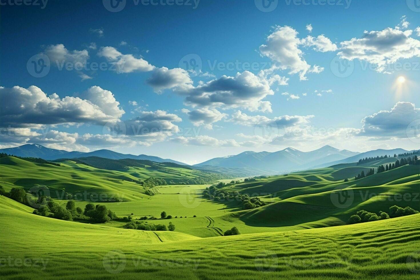 ai generato paesaggio fascino illustrazione di un' verde campo erba colline scena foto