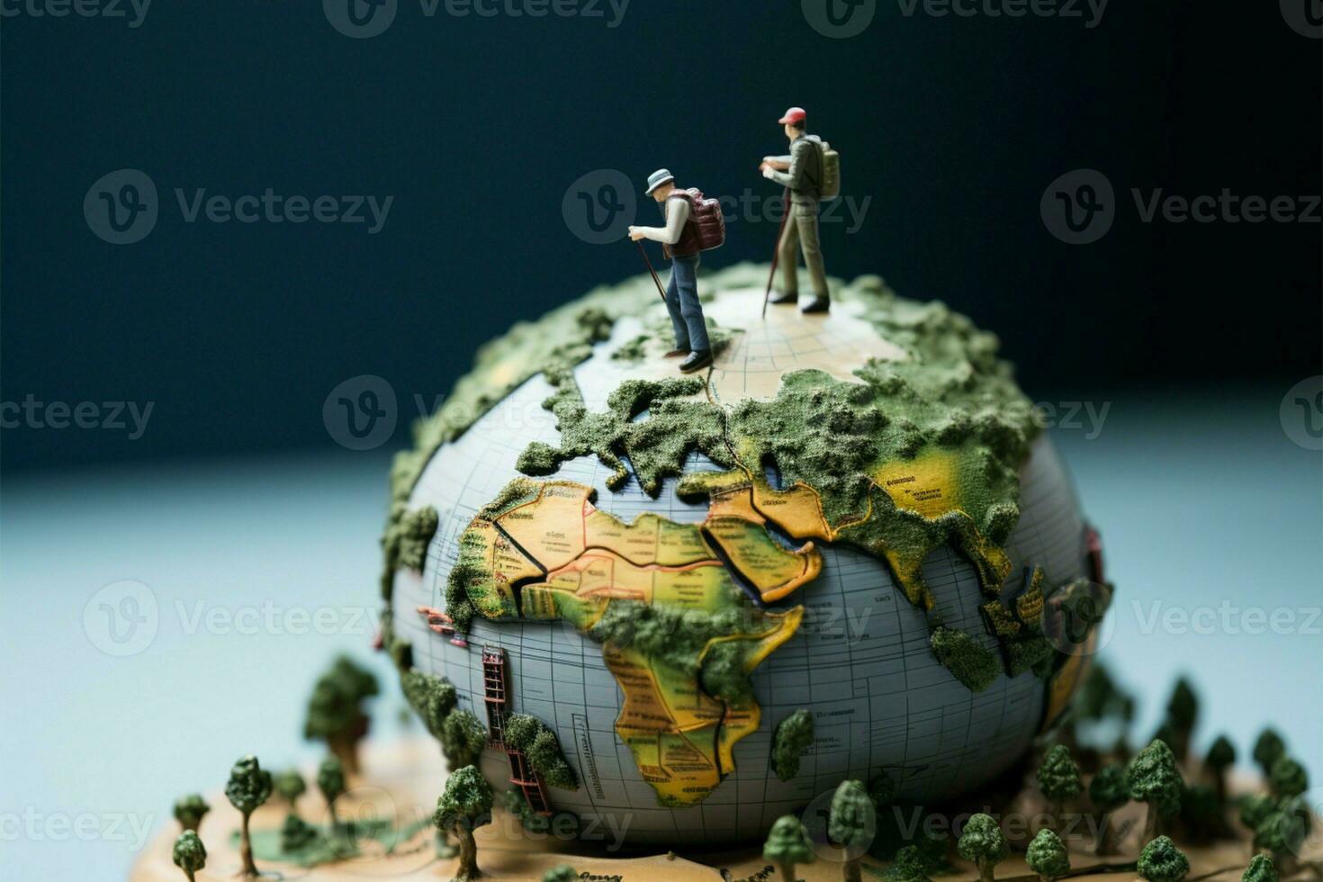 ai generato globo esploratori miniatura i viaggiatori navigare loro viaggio attraverso il globo foto