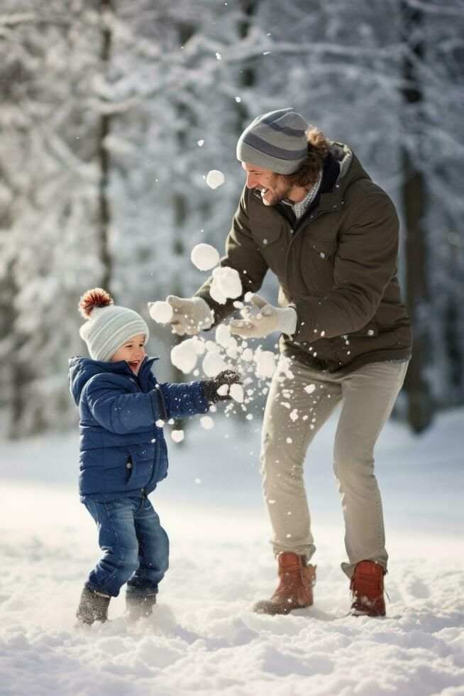 ai generato padre e figlio lanciare palle di neve, cattura il Magia di nevoso divertimento foto