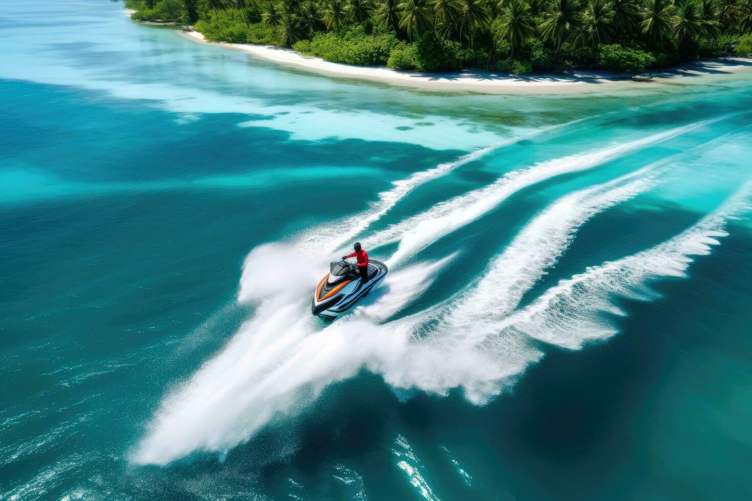 ai generato aereo Visualizza di un' Jet sciare nel il caraibico mare, aereo Visualizza di Jet sciare, tropicale oceano isola estate vacanza, ai generato foto