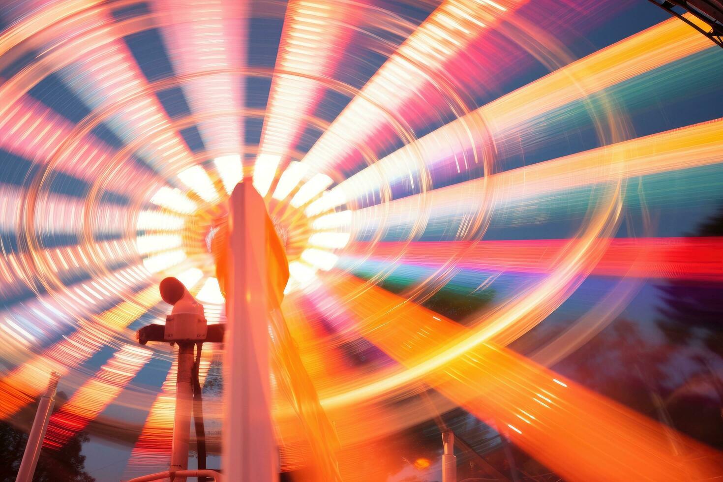 ai generato Ferris ruota nel movimento a divertimento parco, movimento sfocatura effetto, astratto sfocatura Immagine di un illuminato Ferris ruota nel un divertimento parco, ai generato foto