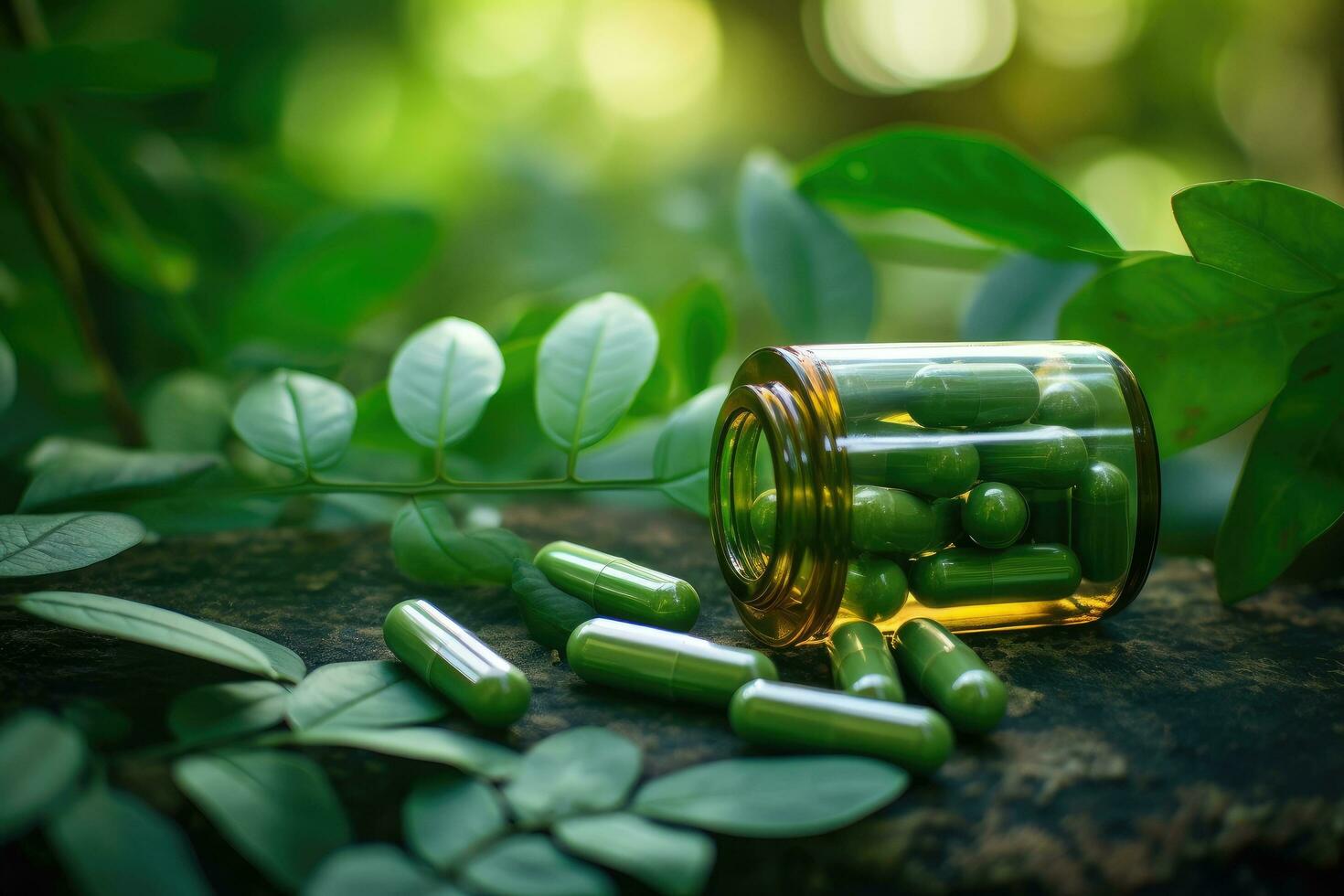 ai generato verde capsula di erbaceo medicina con verde foglia su di legno tavolo e natura sfondo, capsula erba integratori su un' sfondo di verde foglie, ai generato foto