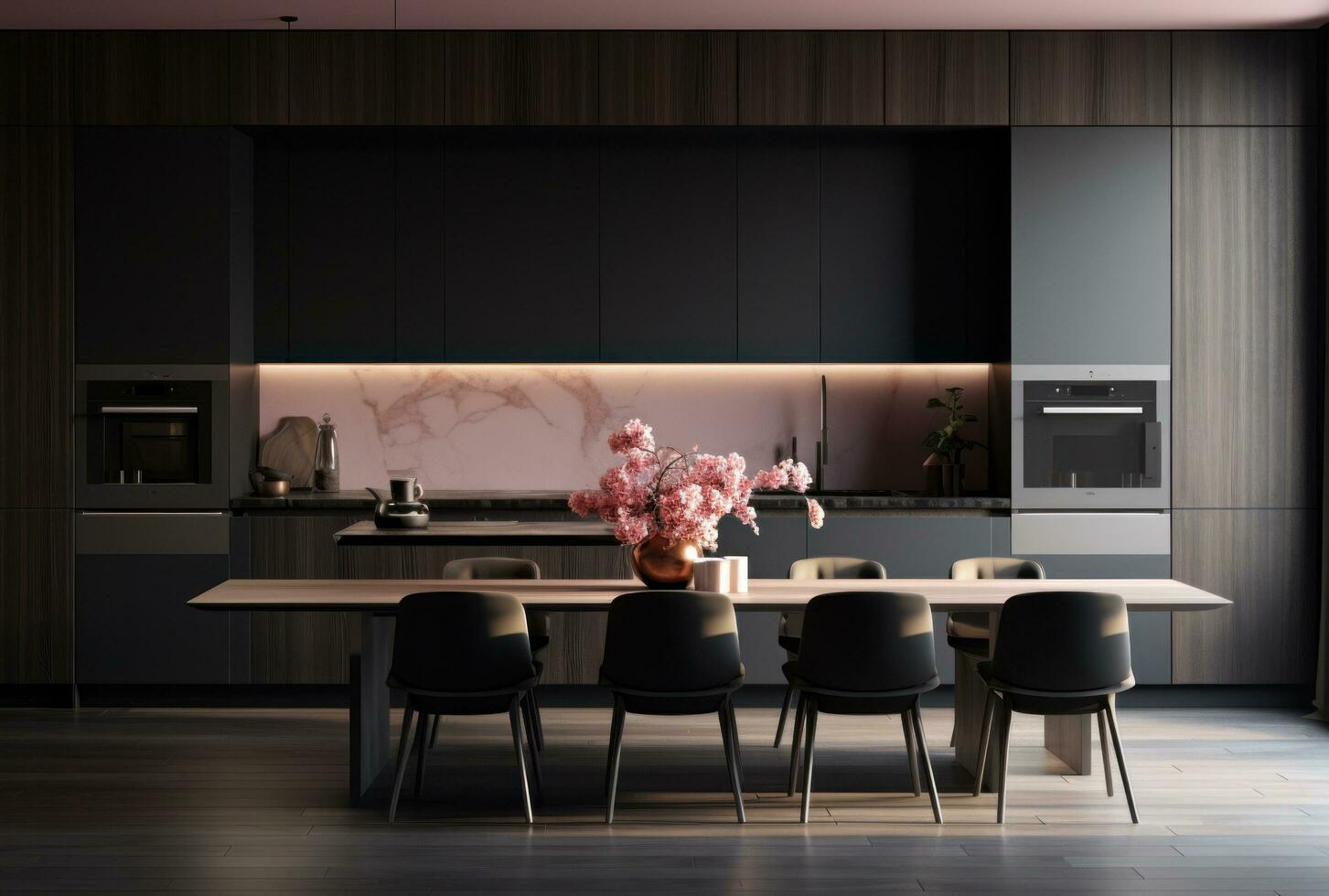 ai generato un' ordinatamente decorato moderno cucina con buio legna muri e nero controsoffitti, foto