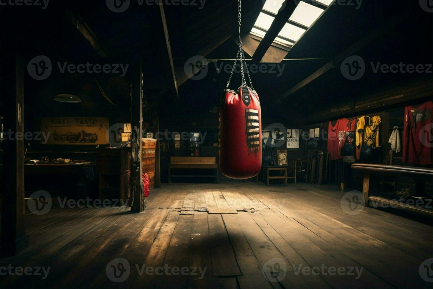 ai generato formazione nostalgia vecchio Vintage ▾ Palestra camera con classico boxe Ingranaggio foto