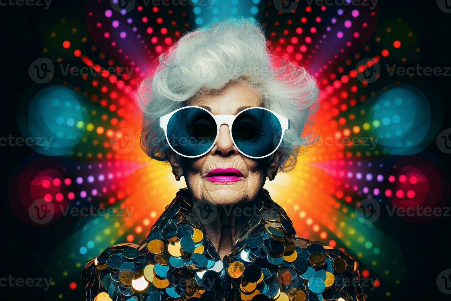 ai generato nonna discoteca occhiali da sole neon illustrazione foto