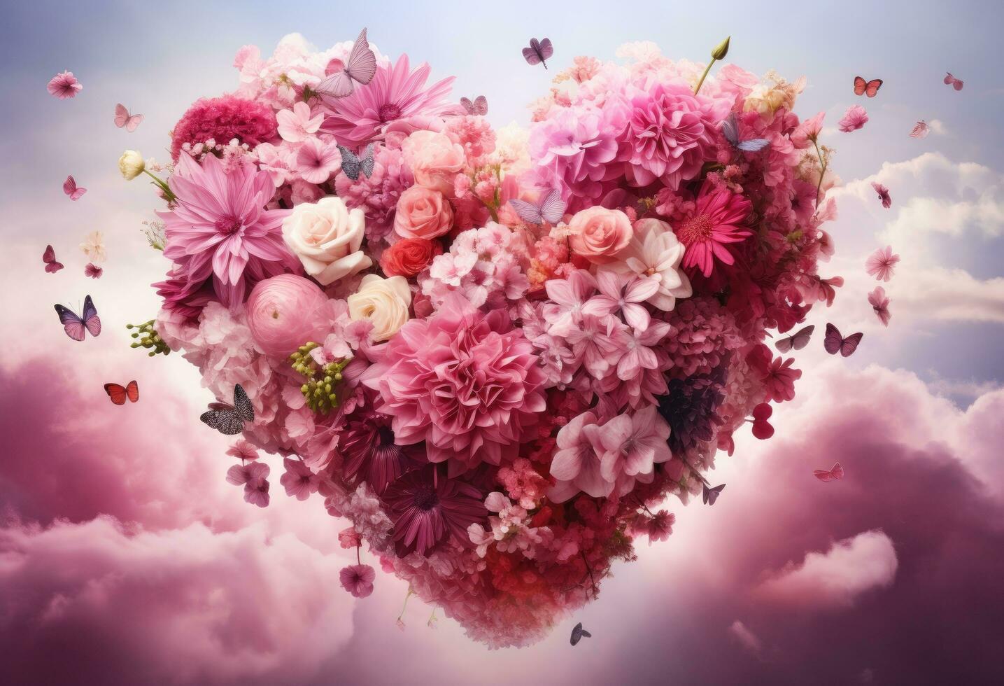 ai generato Questo rosa cuore è sospeso nel il cielo foto