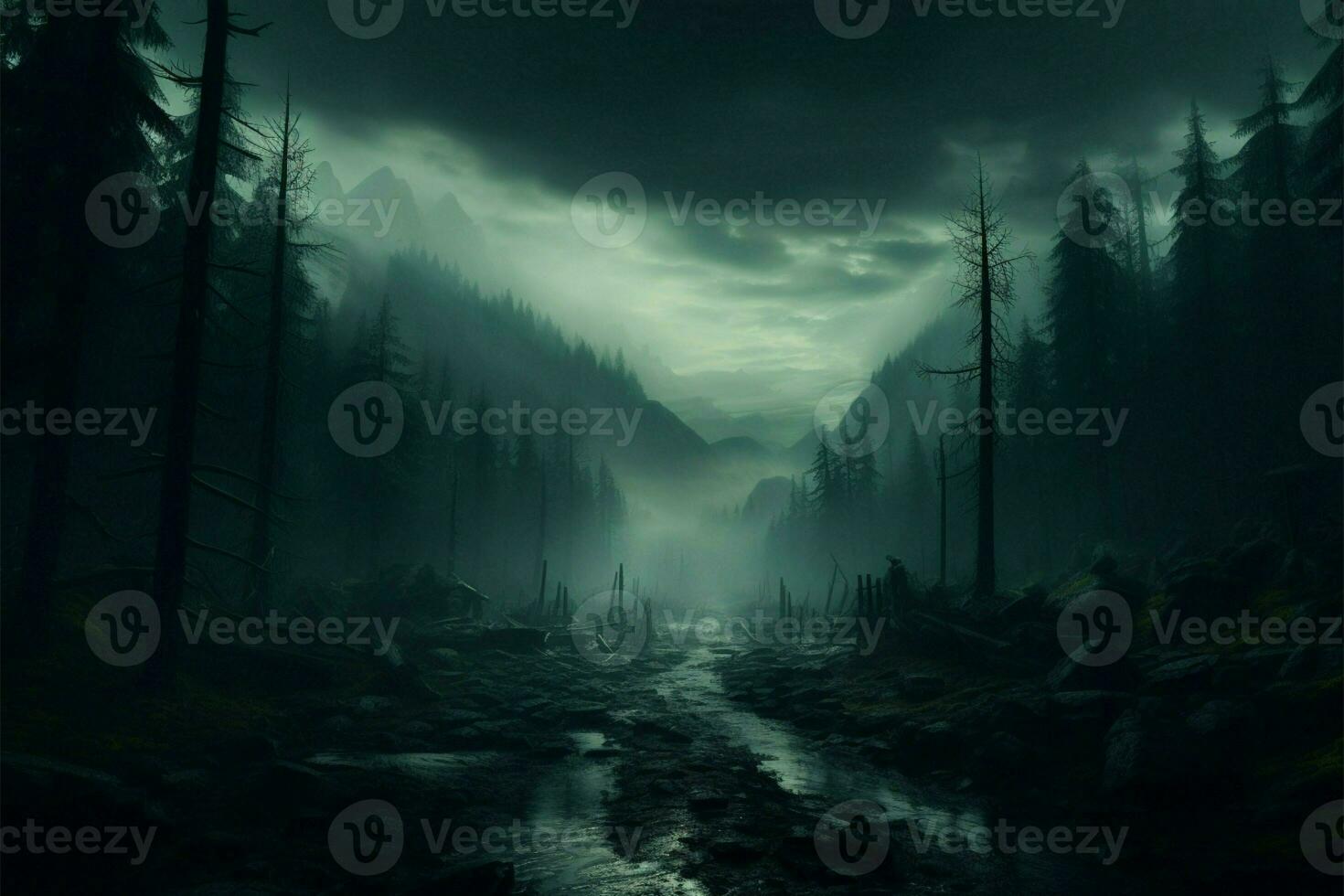 ai generato nature segreti nebbioso, nebbioso notte nel un' buio foresta ambientazione foto