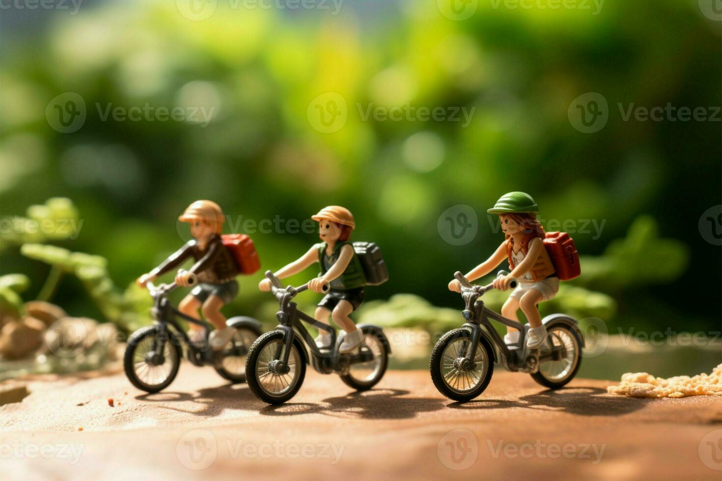 ai generato bike esplorazione miniatura ciclisti su un' viaggio, verde bokeh sfondo foto