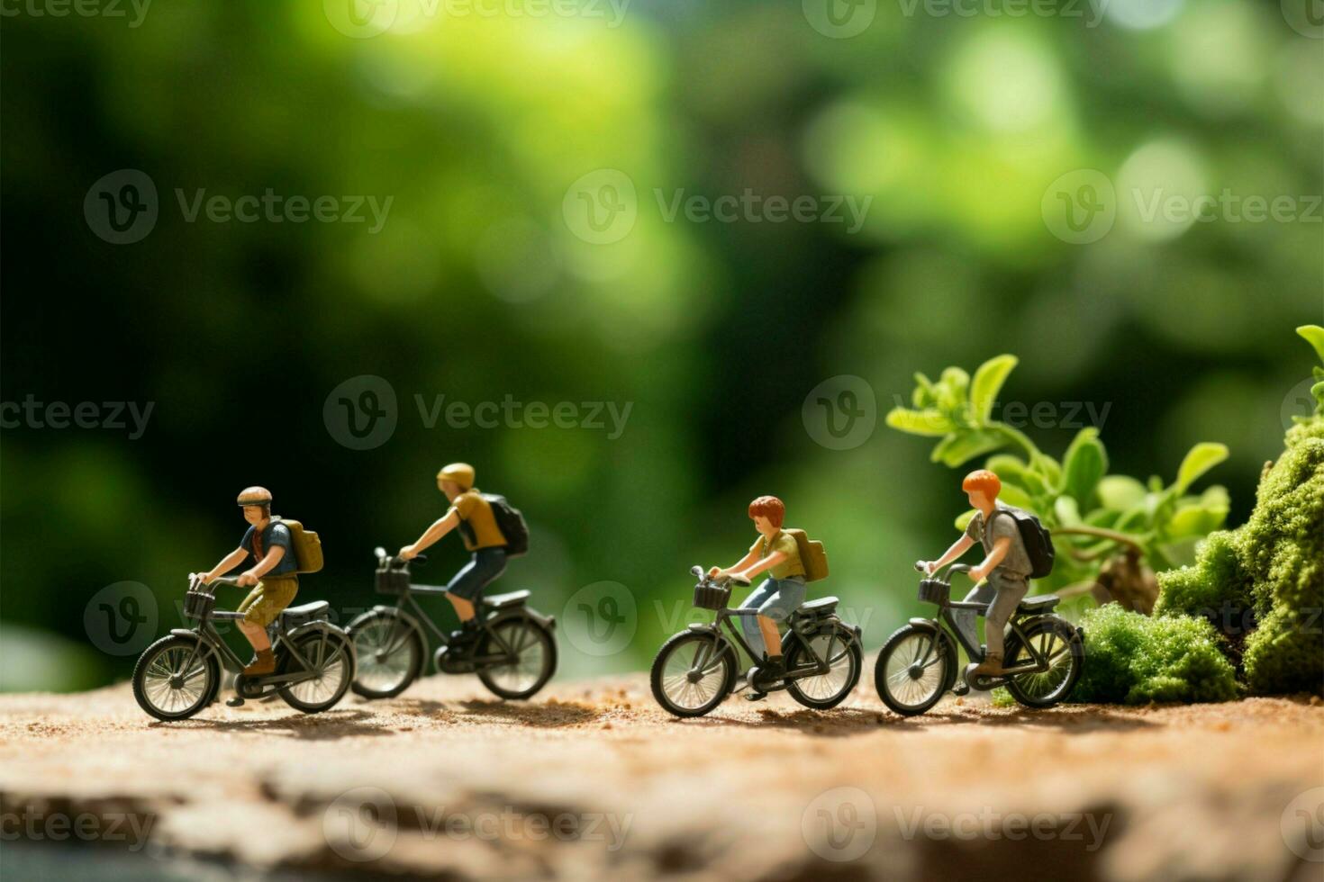 ai generato Ciclismo avventura miniatura persone equitazione Bici all'aperto, verde bokeh sfondo foto